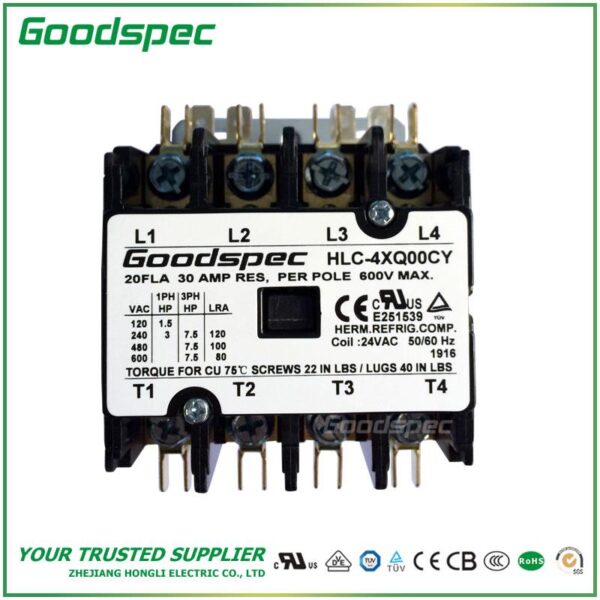 products-HLC-4XQ00CY-001.jpg HLC-4XQ00CY(4P/20A/24V) DEFINITE PURPOSE CONTACTOR